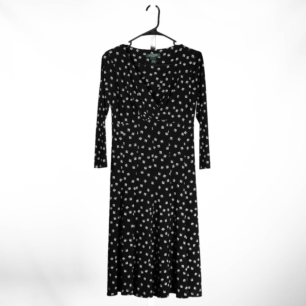 Ralph Lauren Women's Dress Black Geometric Stretch Ruched V-Neck Cocktail Size 4